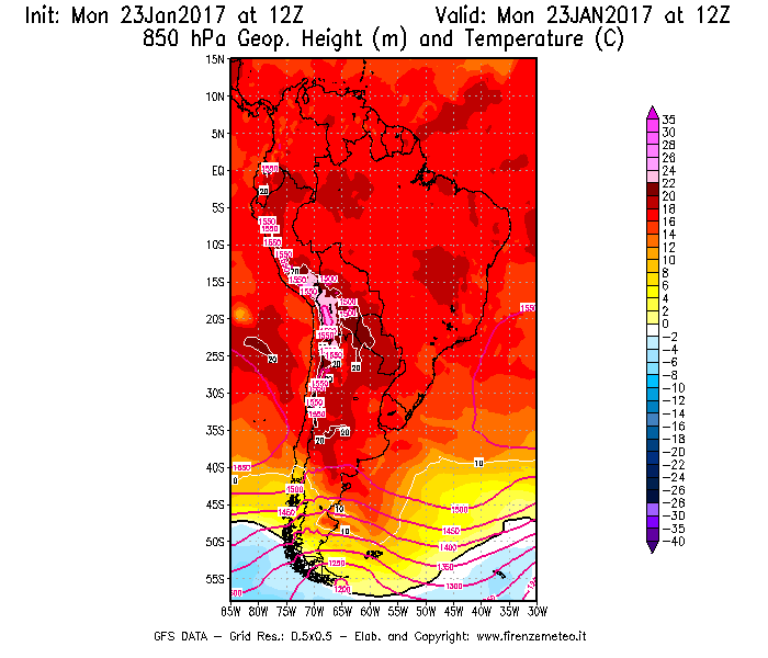 Mappa di analisi GFS - Geopotenziale [m] e Temperatura [°C] a 850 hPa in Sud-America
							del 23/01/2017 12 <!--googleoff: index-->UTC<!--googleon: index-->