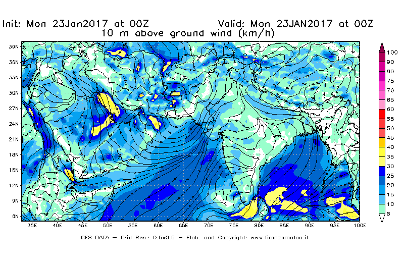 Mappa di analisi GFS - Velocità del vento a 10 metri dal suolo [km/h] in Asia Sud-Occidentale
							del 23/01/2017 00 <!--googleoff: index-->UTC<!--googleon: index-->