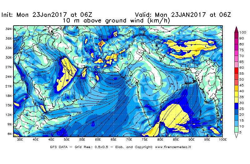 Mappa di analisi GFS - Velocità del vento a 10 metri dal suolo [km/h] in Asia Sud-Occidentale
							del 23/01/2017 06 <!--googleoff: index-->UTC<!--googleon: index-->