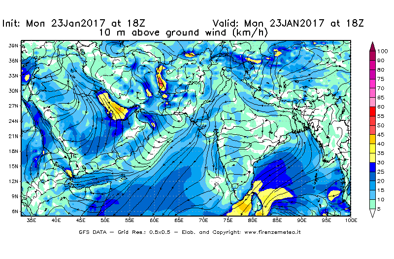 Mappa di analisi GFS - Velocità del vento a 10 metri dal suolo [km/h] in Asia Sud-Occidentale
							del 23/01/2017 18 <!--googleoff: index-->UTC<!--googleon: index-->