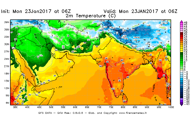 Mappa di analisi GFS - Temperatura a 2 metri dal suolo [°C] in Asia Sud-Occidentale
							del 23/01/2017 06 <!--googleoff: index-->UTC<!--googleon: index-->