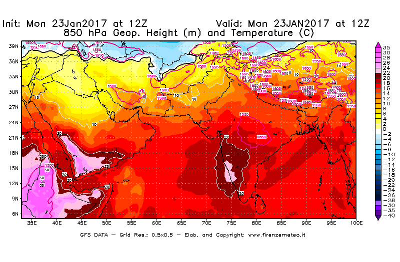 Mappa di analisi GFS - Geopotenziale [m] e Temperatura [°C] a 850 hPa in Asia Sud-Occidentale
							del 23/01/2017 12 <!--googleoff: index-->UTC<!--googleon: index-->