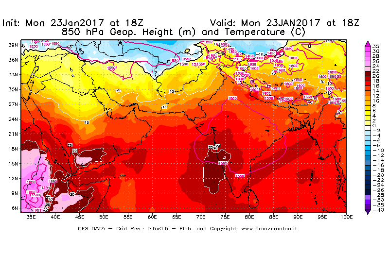 Mappa di analisi GFS - Geopotenziale [m] e Temperatura [°C] a 850 hPa in Asia Sud-Occidentale
							del 23/01/2017 18 <!--googleoff: index-->UTC<!--googleon: index-->