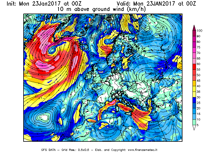 Mappa di analisi GFS - Velocità del vento a 10 metri dal suolo [km/h] in Europa
							del 23/01/2017 00 <!--googleoff: index-->UTC<!--googleon: index-->