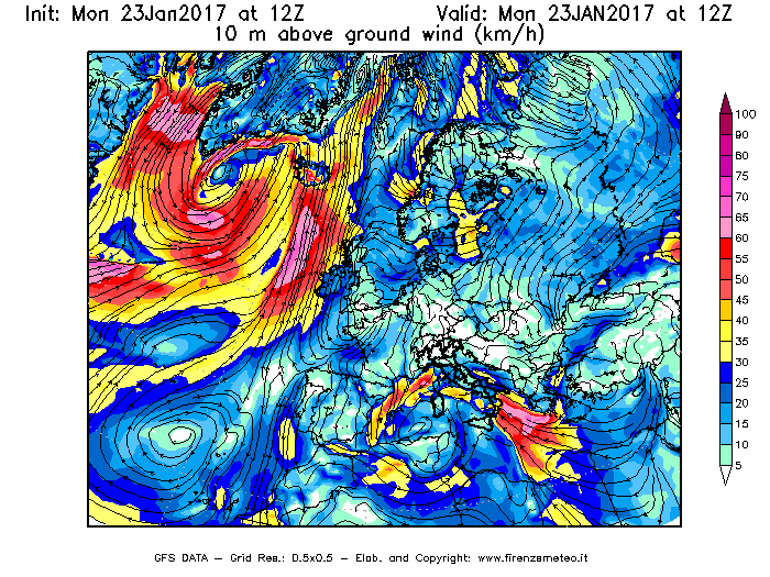 Mappa di analisi GFS - Velocità del vento a 10 metri dal suolo [km/h] in Europa
							del 23/01/2017 12 <!--googleoff: index-->UTC<!--googleon: index-->