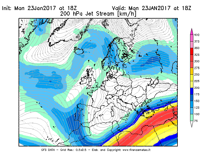 Mappa di analisi GFS - Jet Stream a 200 hPa in Europa
							del 23/01/2017 18 <!--googleoff: index-->UTC<!--googleon: index-->