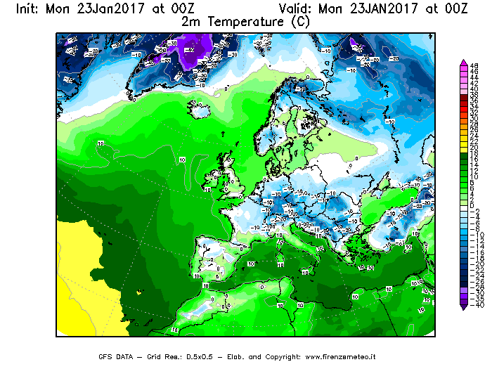 Mappa di analisi GFS - Temperatura a 2 metri dal suolo [°C] in Europa
							del 23/01/2017 00 <!--googleoff: index-->UTC<!--googleon: index-->