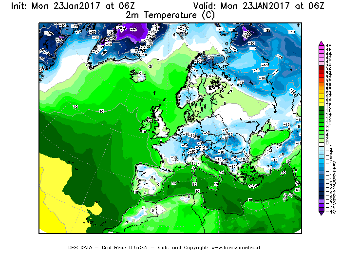 Mappa di analisi GFS - Temperatura a 2 metri dal suolo [°C] in Europa
							del 23/01/2017 06 <!--googleoff: index-->UTC<!--googleon: index-->