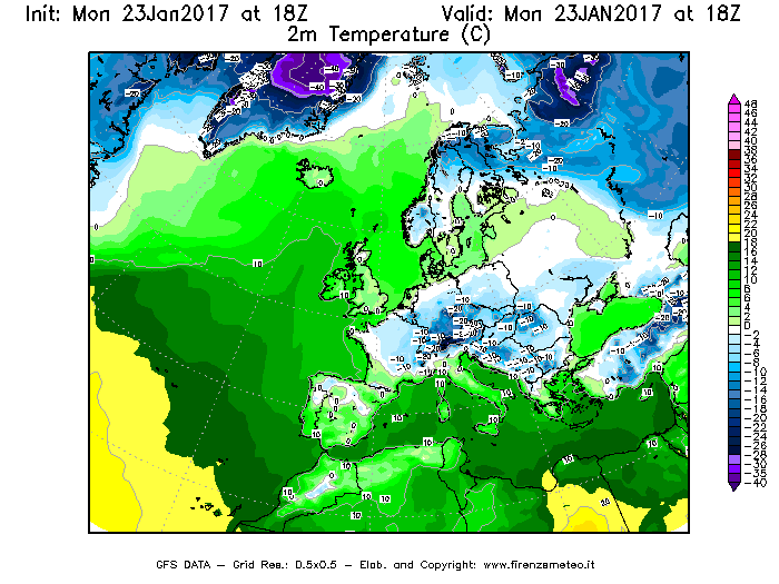 Mappa di analisi GFS - Temperatura a 2 metri dal suolo [°C] in Europa
							del 23/01/2017 18 <!--googleoff: index-->UTC<!--googleon: index-->