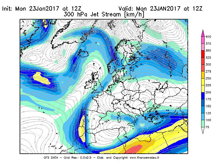 Mappa di analisi GFS - Jet Stream a 300 hPa in Europa
							del 23/01/2017 12 <!--googleoff: index-->UTC<!--googleon: index-->