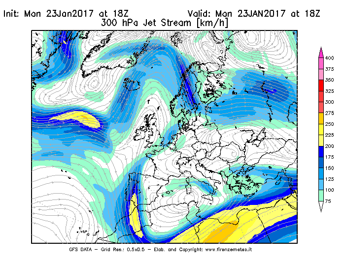 Mappa di analisi GFS - Jet Stream a 300 hPa in Europa
							del 23/01/2017 18 <!--googleoff: index-->UTC<!--googleon: index-->
