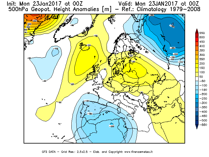 Mappa di analisi GFS - Anomalia di Geopotenziale a 500 hPa in Europa
							del 23/01/2017 00 <!--googleoff: index-->UTC<!--googleon: index-->