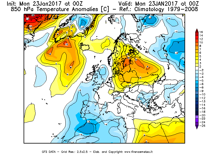 Mappa di analisi GFS - Anomalia Temperatura [°C] a 850 hPa in Europa
							del 23/01/2017 00 <!--googleoff: index-->UTC<!--googleon: index-->