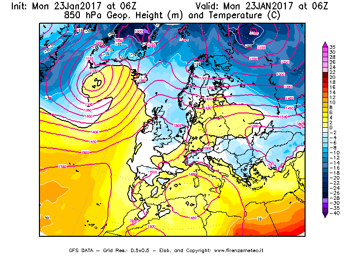Mappa di analisi GFS - Geopotenziale [m] e Temperatura [°C] a 850 hPa in Europa
							del 23/01/2017 06 <!--googleoff: index-->UTC<!--googleon: index-->