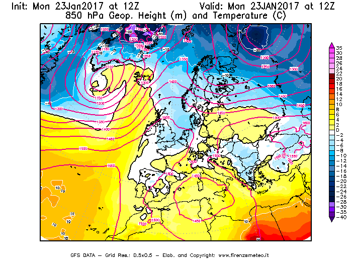 Mappa di analisi GFS - Geopotenziale [m] e Temperatura [°C] a 850 hPa in Europa
							del 23/01/2017 12 <!--googleoff: index-->UTC<!--googleon: index-->