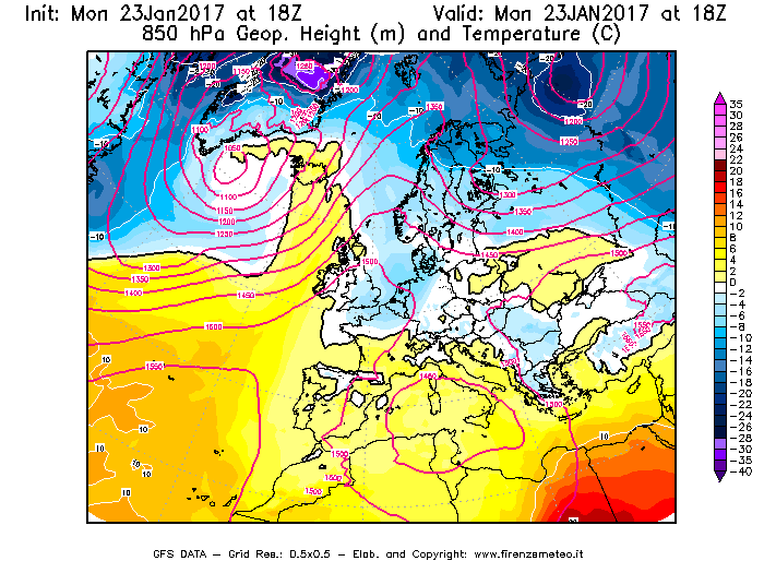 Mappa di analisi GFS - Geopotenziale [m] e Temperatura [°C] a 850 hPa in Europa
							del 23/01/2017 18 <!--googleoff: index-->UTC<!--googleon: index-->