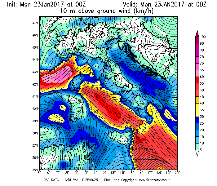 Mappa di analisi GFS - Velocità del vento a 10 metri dal suolo [km/h] in Italia
							del 23/01/2017 00 <!--googleoff: index-->UTC<!--googleon: index-->