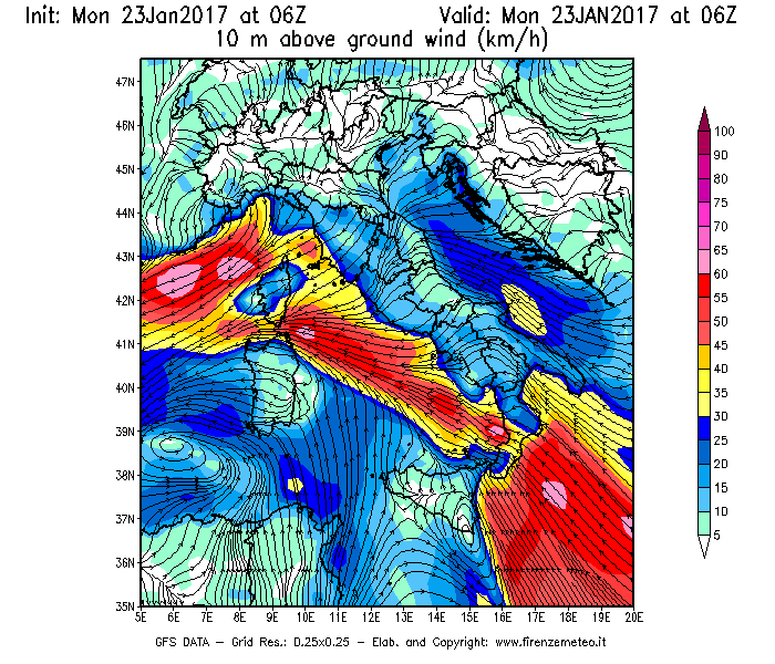 Mappa di analisi GFS - Velocità del vento a 10 metri dal suolo [km/h] in Italia
							del 23/01/2017 06 <!--googleoff: index-->UTC<!--googleon: index-->