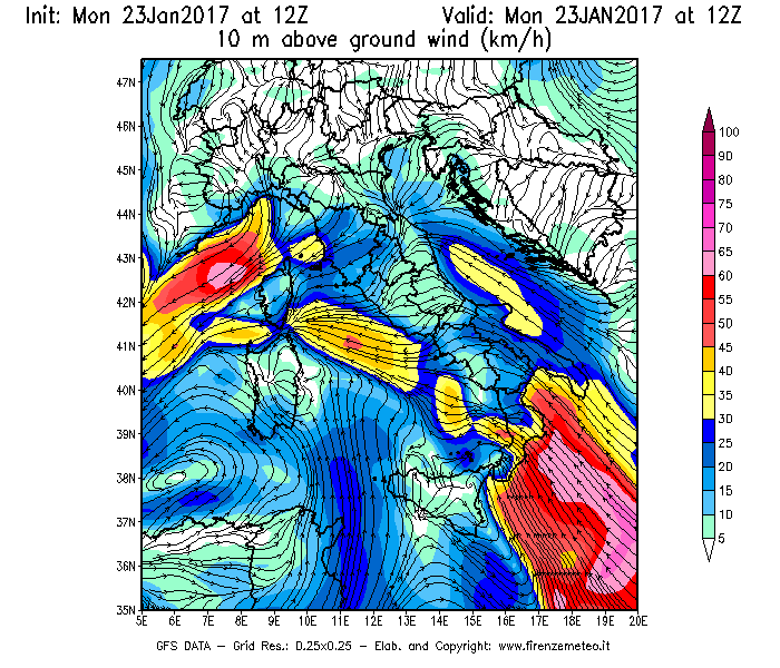 Mappa di analisi GFS - Velocità del vento a 10 metri dal suolo [km/h] in Italia
							del 23/01/2017 12 <!--googleoff: index-->UTC<!--googleon: index-->