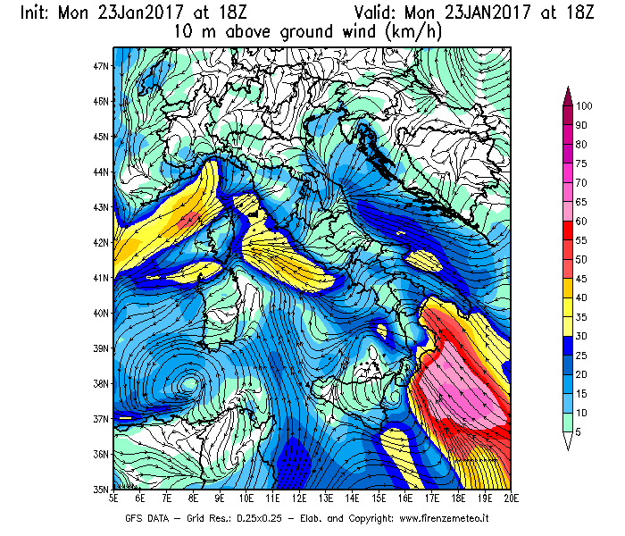 Mappa di analisi GFS - Velocità del vento a 10 metri dal suolo [km/h] in Italia
							del 23/01/2017 18 <!--googleoff: index-->UTC<!--googleon: index-->