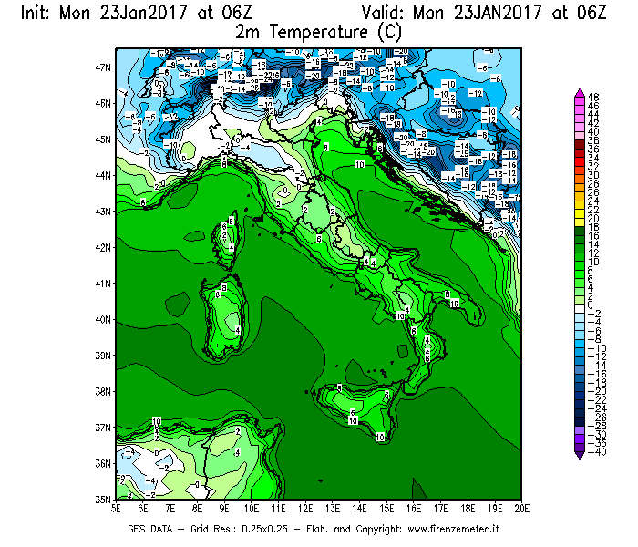 Mappa di analisi GFS - Temperatura a 2 metri dal suolo [°C] in Italia
							del 23/01/2017 06 <!--googleoff: index-->UTC<!--googleon: index-->