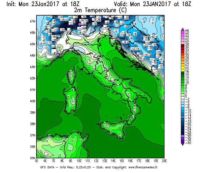 Mappa di analisi GFS - Temperatura a 2 metri dal suolo [°C] in Italia
							del 23/01/2017 18 <!--googleoff: index-->UTC<!--googleon: index-->