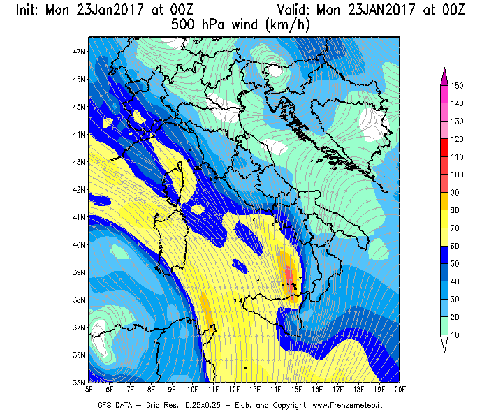 Mappa di analisi GFS - Velocità del vento a 500 hPa [km/h] in Italia
							del 23/01/2017 00 <!--googleoff: index-->UTC<!--googleon: index-->