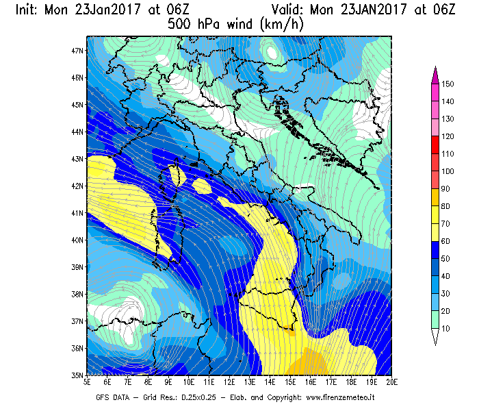 Mappa di analisi GFS - Velocità del vento a 500 hPa [km/h] in Italia
							del 23/01/2017 06 <!--googleoff: index-->UTC<!--googleon: index-->