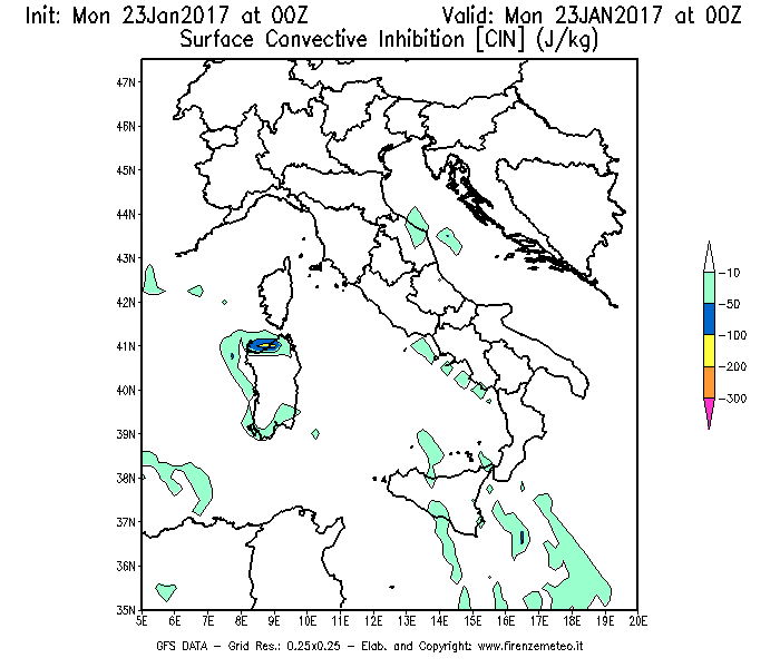 Mappa di analisi GFS - CIN [J/kg] in Italia
							del 23/01/2017 00 <!--googleoff: index-->UTC<!--googleon: index-->