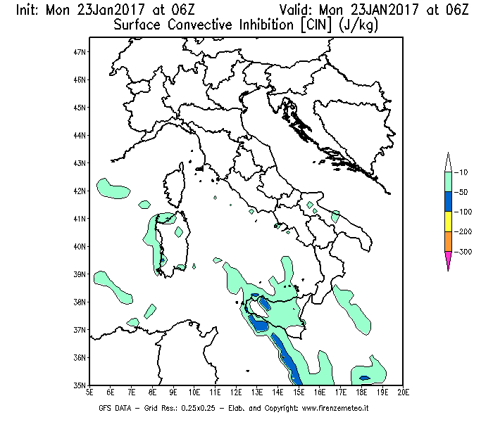 Mappa di analisi GFS - CIN [J/kg] in Italia
							del 23/01/2017 06 <!--googleoff: index-->UTC<!--googleon: index-->