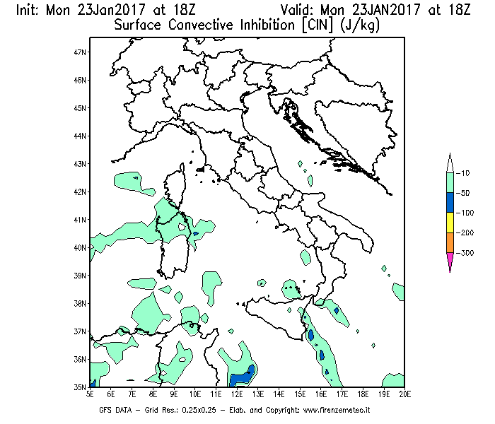 Mappa di analisi GFS - CIN [J/kg] in Italia
							del 23/01/2017 18 <!--googleoff: index-->UTC<!--googleon: index-->