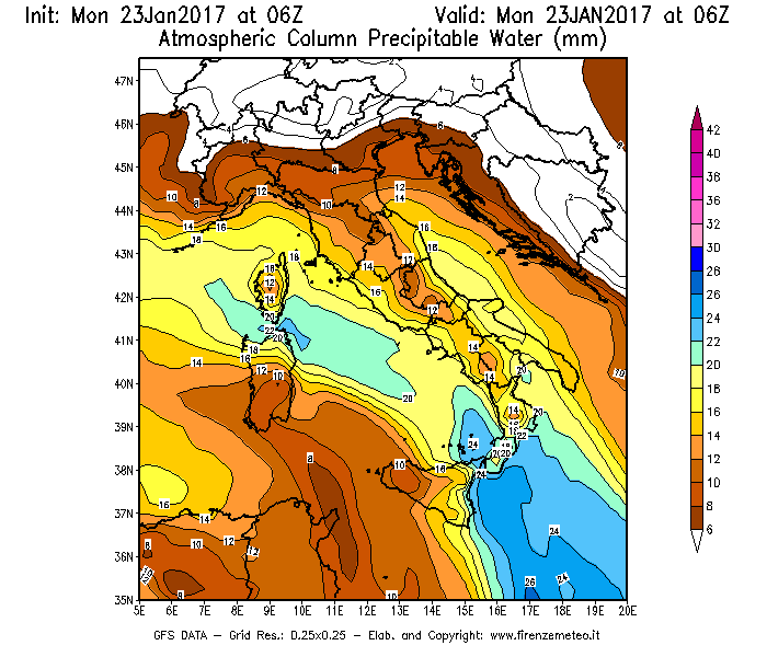 Mappa di analisi GFS - Precipitable Water [mm] in Italia
							del 23/01/2017 06 <!--googleoff: index-->UTC<!--googleon: index-->