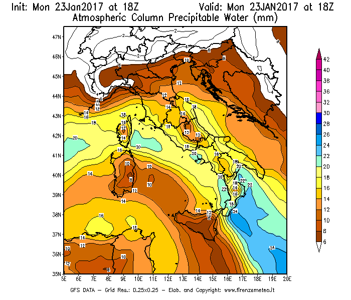 Mappa di analisi GFS - Precipitable Water [mm] in Italia
							del 23/01/2017 18 <!--googleoff: index-->UTC<!--googleon: index-->