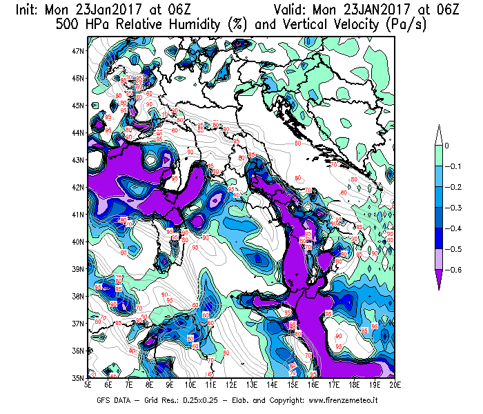 Mappa di analisi GFS - Umidità relativa [%] e Omega [Pa/s] a 500 hPa in Italia
							del 23/01/2017 06 <!--googleoff: index-->UTC<!--googleon: index-->