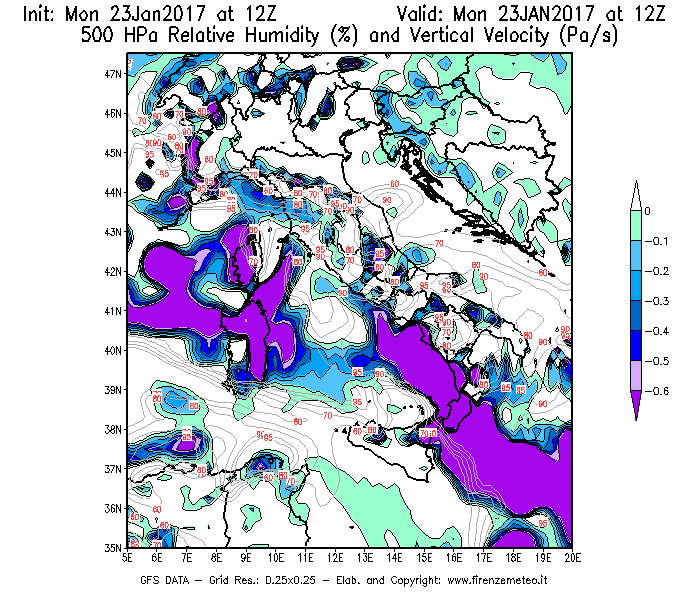 Mappa di analisi GFS - Umidità relativa [%] e Omega [Pa/s] a 500 hPa in Italia
							del 23/01/2017 12 <!--googleoff: index-->UTC<!--googleon: index-->