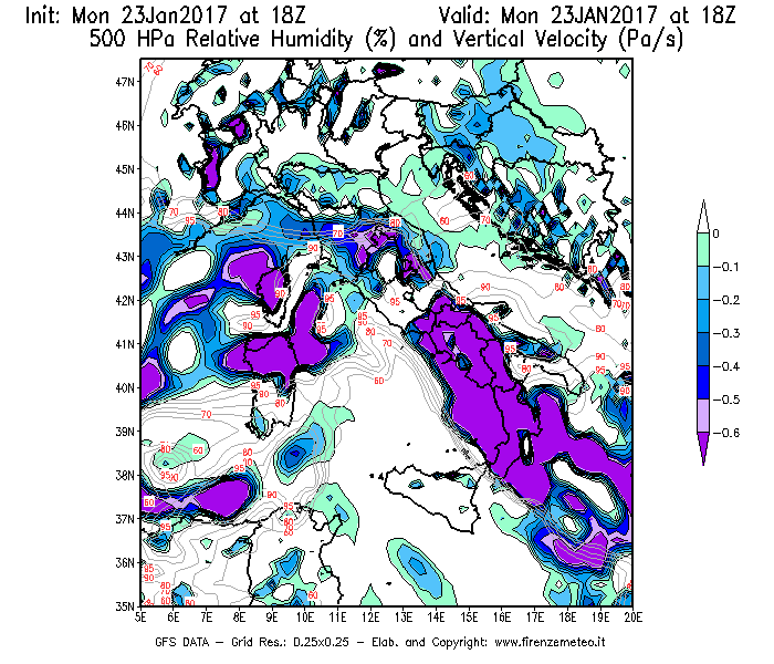 Mappa di analisi GFS - Umidità relativa [%] e Omega [Pa/s] a 500 hPa in Italia
							del 23/01/2017 18 <!--googleoff: index-->UTC<!--googleon: index-->