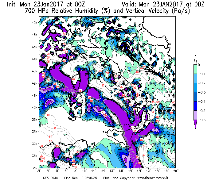 Mappa di analisi GFS - Umidità relativa [%] e Omega [Pa/s] a 700 hPa in Italia
							del 23/01/2017 00 <!--googleoff: index-->UTC<!--googleon: index-->
