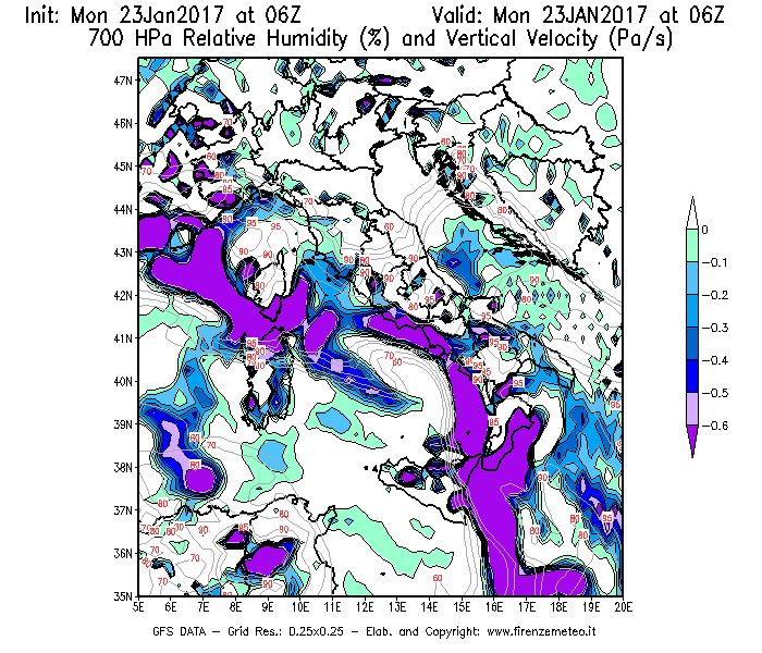 Mappa di analisi GFS - Umidità relativa [%] e Omega [Pa/s] a 700 hPa in Italia
							del 23/01/2017 06 <!--googleoff: index-->UTC<!--googleon: index-->