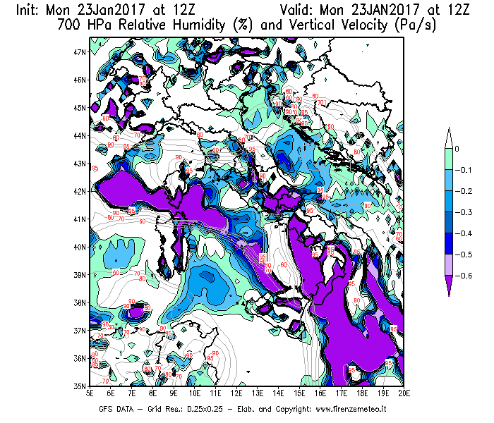Mappa di analisi GFS - Umidità relativa [%] e Omega [Pa/s] a 700 hPa in Italia
							del 23/01/2017 12 <!--googleoff: index-->UTC<!--googleon: index-->