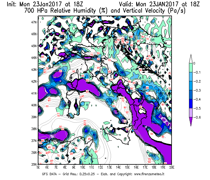 Mappa di analisi GFS - Umidità relativa [%] e Omega [Pa/s] a 700 hPa in Italia
							del 23/01/2017 18 <!--googleoff: index-->UTC<!--googleon: index-->