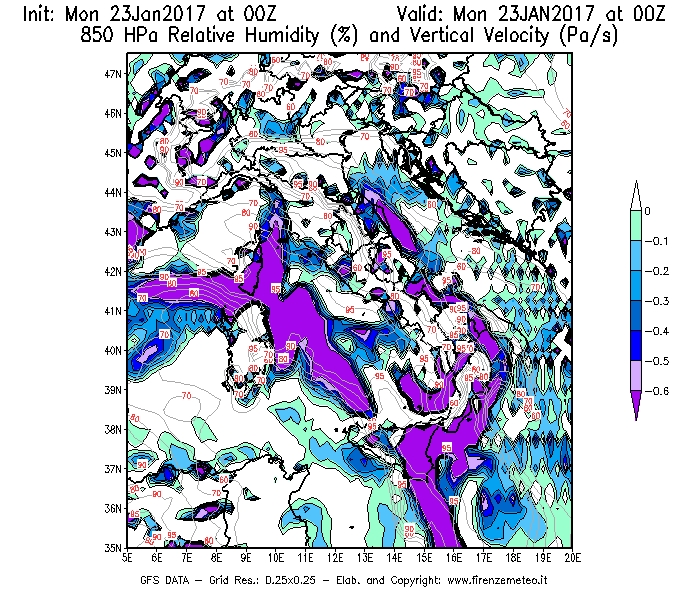 Mappa di analisi GFS - Umidità relativa [%] e Omega [Pa/s] a 850 hPa in Italia
							del 23/01/2017 00 <!--googleoff: index-->UTC<!--googleon: index-->