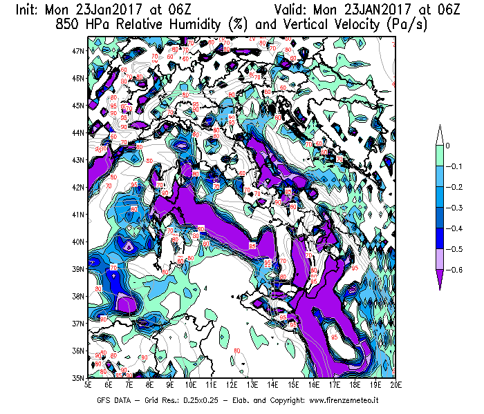 Mappa di analisi GFS - Umidità relativa [%] e Omega [Pa/s] a 850 hPa in Italia
							del 23/01/2017 06 <!--googleoff: index-->UTC<!--googleon: index-->