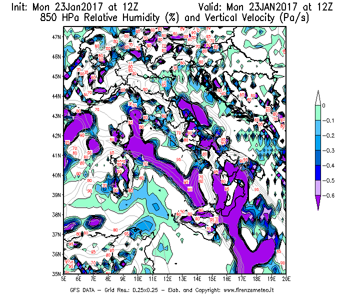 Mappa di analisi GFS - Umidità relativa [%] e Omega [Pa/s] a 850 hPa in Italia
							del 23/01/2017 12 <!--googleoff: index-->UTC<!--googleon: index-->