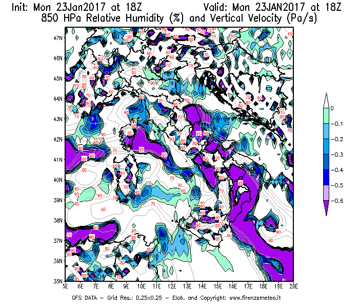 Mappa di analisi GFS - Umidità relativa [%] e Omega [Pa/s] a 850 hPa in Italia
							del 23/01/2017 18 <!--googleoff: index-->UTC<!--googleon: index-->