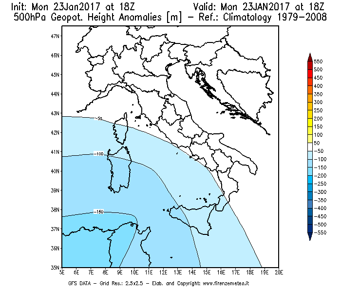 Mappa di analisi GFS - Anomalia di Geopotenziale a 500 hPa in Italia
							del 23/01/2017 18 <!--googleoff: index-->UTC<!--googleon: index-->