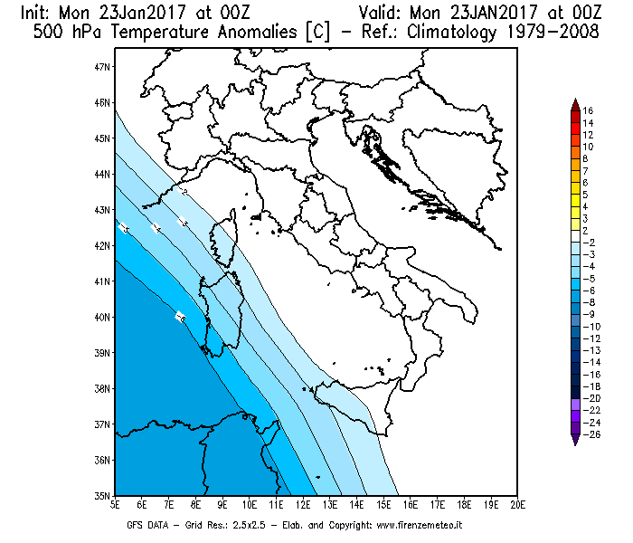 Mappa di analisi GFS - Anomalia Temperatura [°C] a 500 hPa in Italia
							del 23/01/2017 00 <!--googleoff: index-->UTC<!--googleon: index-->