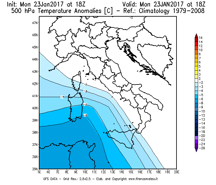 Mappa di analisi GFS - Anomalia Temperatura [°C] a 500 hPa in Italia
							del 23/01/2017 18 <!--googleoff: index-->UTC<!--googleon: index-->