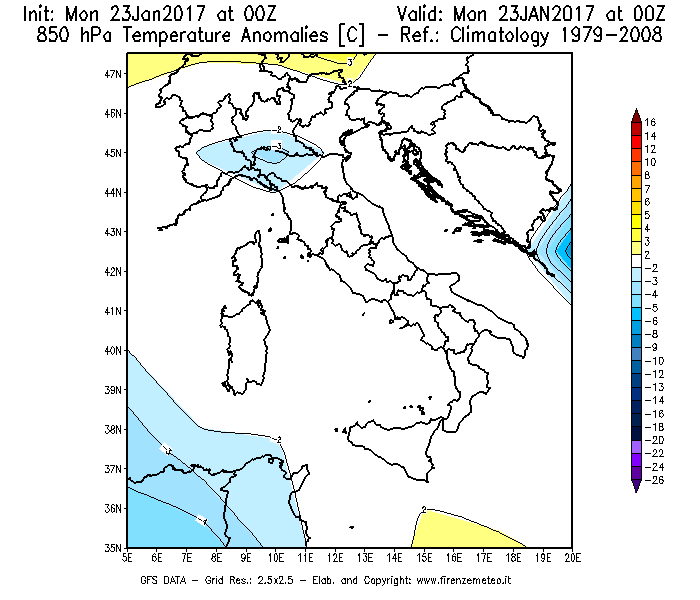 Mappa di analisi GFS - Anomalia Temperatura [°C] a 850 hPa in Italia
							del 23/01/2017 00 <!--googleoff: index-->UTC<!--googleon: index-->
