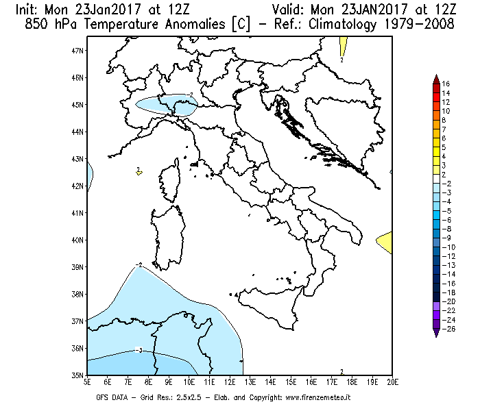 Mappa di analisi GFS - Anomalia Temperatura [°C] a 850 hPa in Italia
							del 23/01/2017 12 <!--googleoff: index-->UTC<!--googleon: index-->