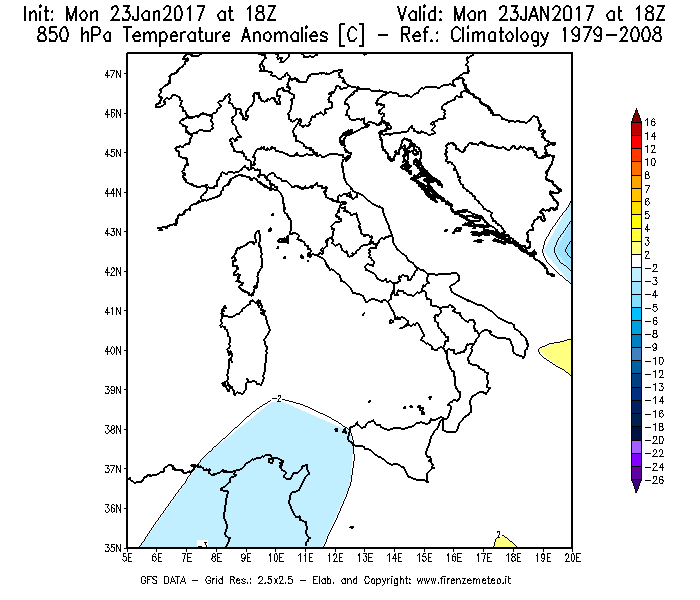 Mappa di analisi GFS - Anomalia Temperatura [°C] a 850 hPa in Italia
							del 23/01/2017 18 <!--googleoff: index-->UTC<!--googleon: index-->